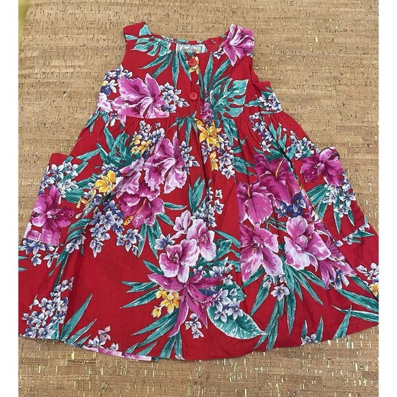 Vintage Kokomo Kids Dress Size 5 Red Floral Hawaiian Aloha Sundress Pockets 90s